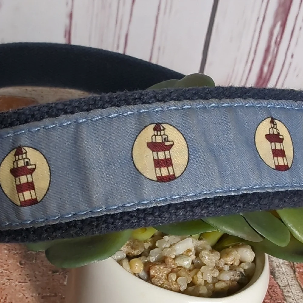 Vineyard Vines Lighthouse Belt Brown Leather and Blue‎ Canvas Size 32 Nautical